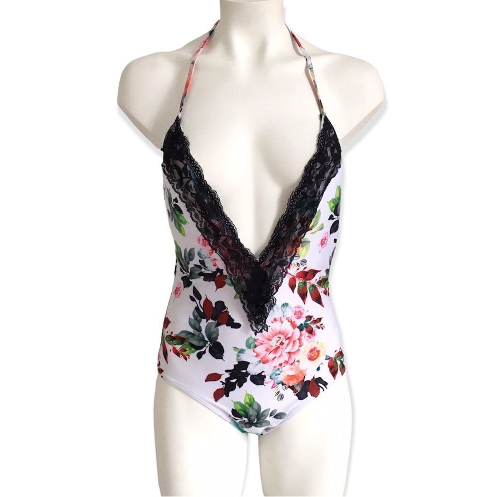 🔃White Floral Front V Cut Out One Piece Swimsuit
